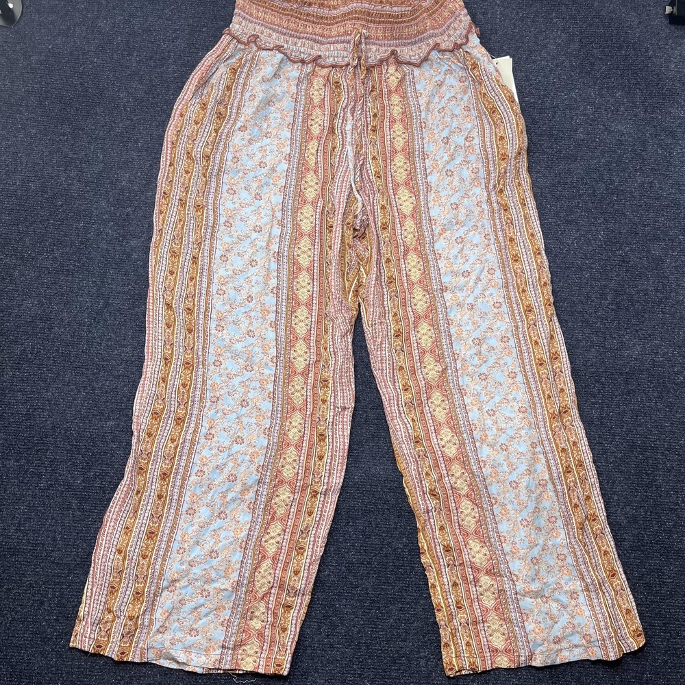 Kingston Grey Pants Women XL Blue Paperbag Striped Wide-Leg Boho Hippy Relax Fit
